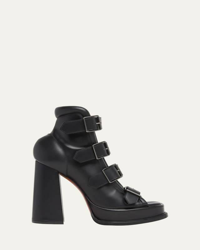 Buckle Leather Peep-Toe Sandals